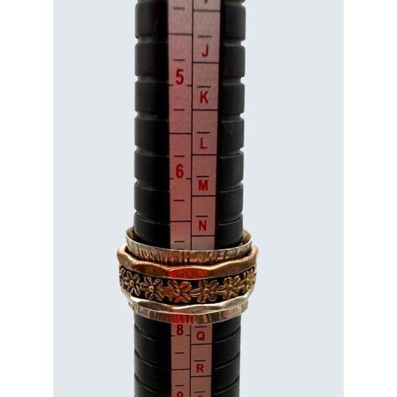 Handcrafted 925 Sterling Silver Copper Brass Spinner Ring Size 7 Flowers Boho - Picture 5 of 5